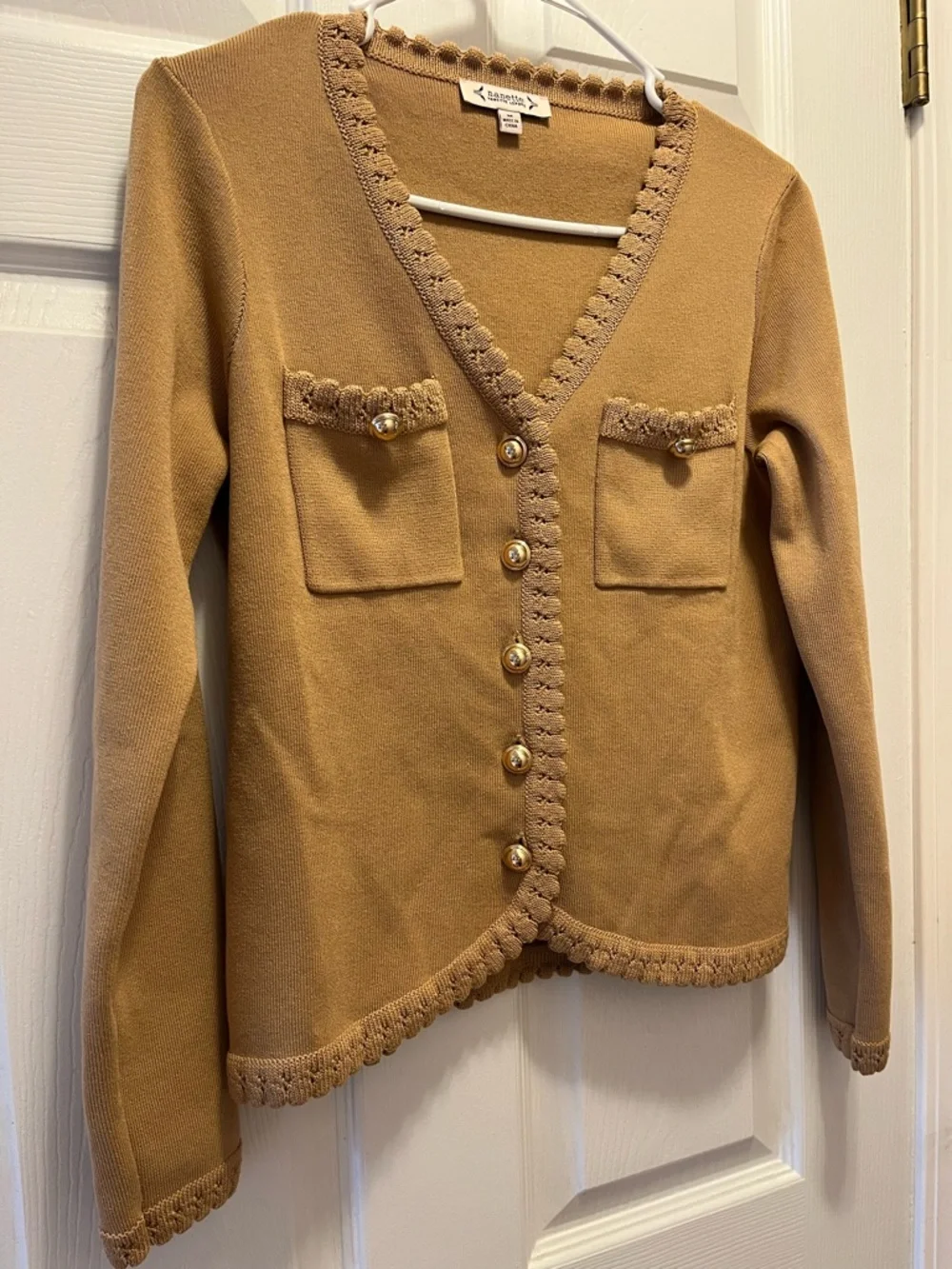 Nanette Lepore Camel Scalloped-Edge Pocket Cardigan size Medium - Picture 3 of 6